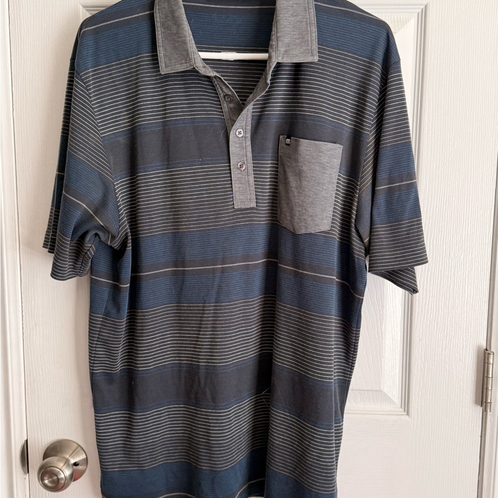 Travis Mathew Blue and Gray Striped Polo Shirt
